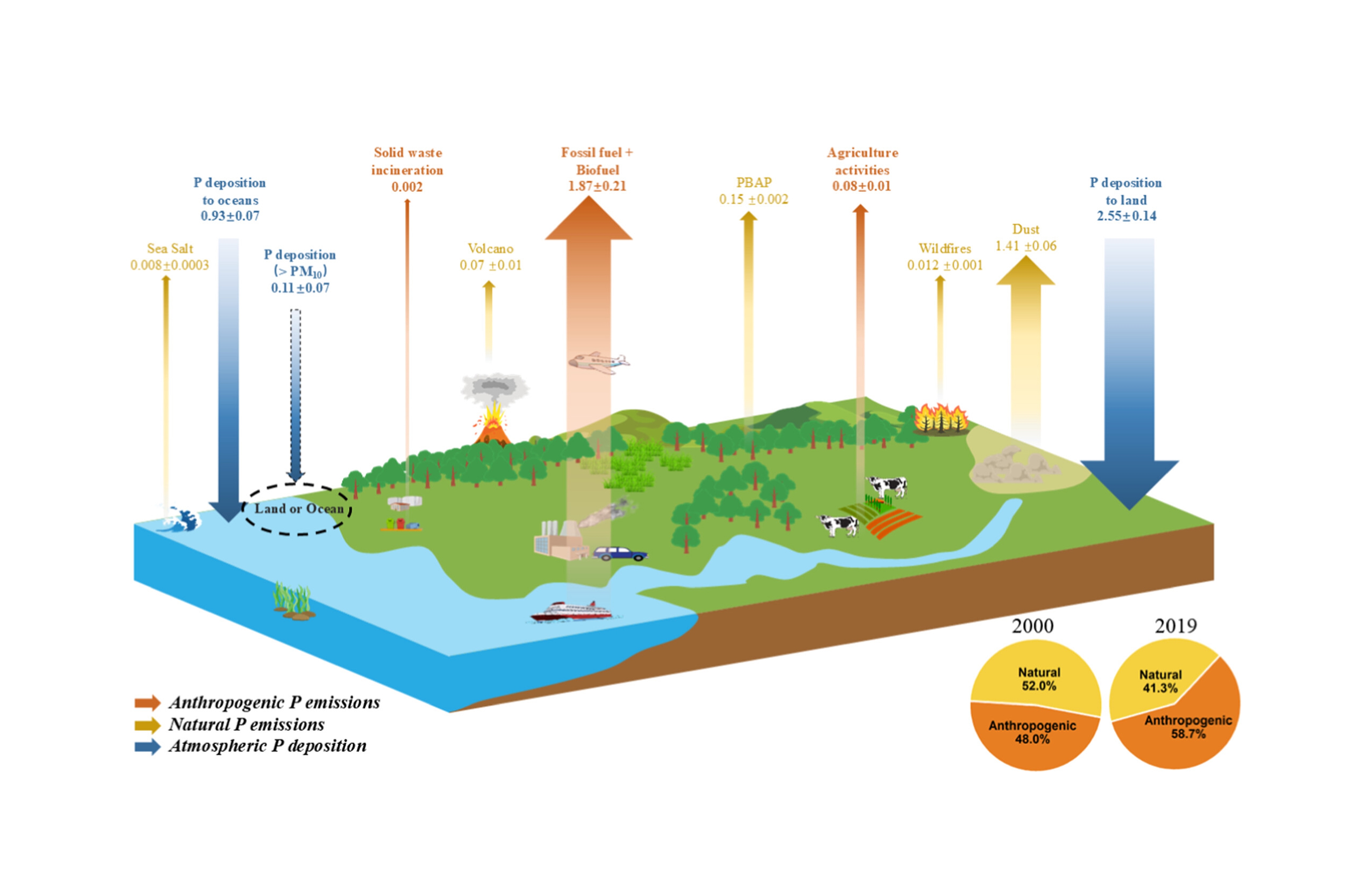 排放到大气中以及从大气中沉降的磷通量（单位：Tg P yr-1）